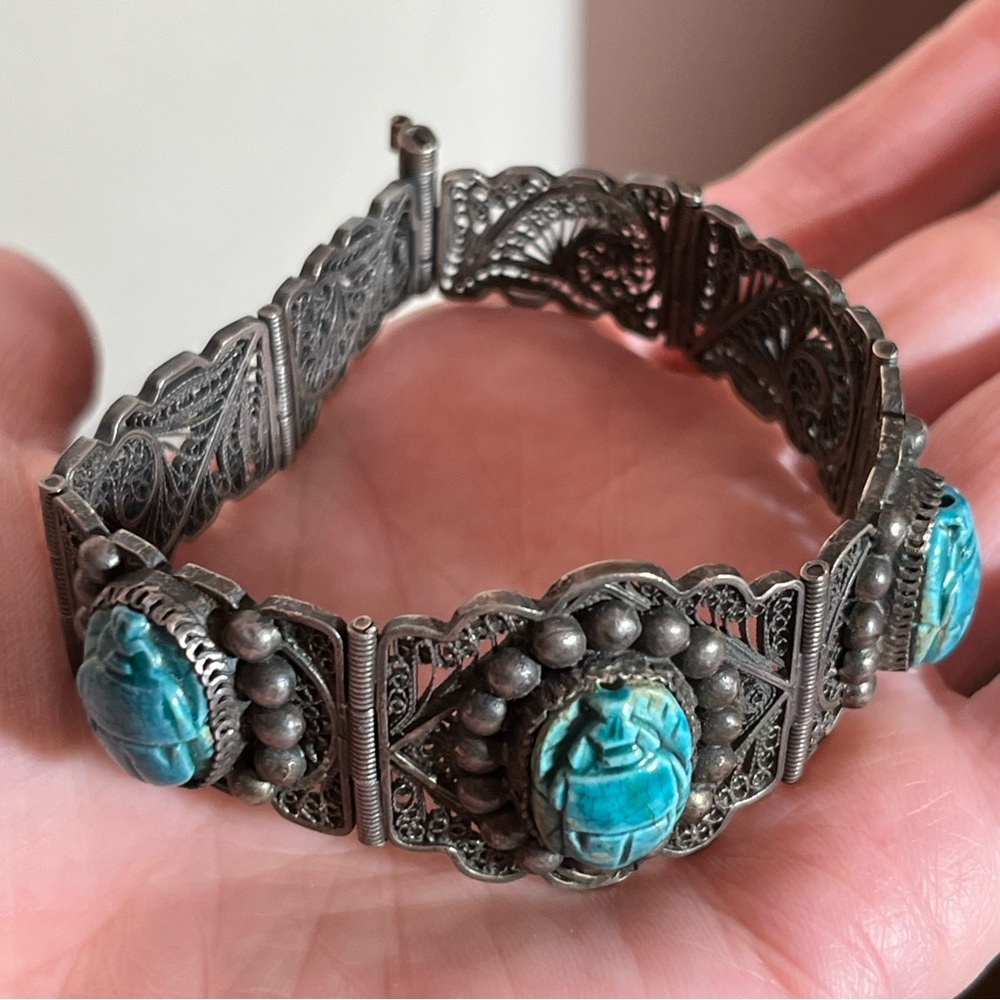 Antique Art Deco Sterling Silver Egyptian turquoise Scarab Beetle wide Bracelet - Picture 13 of 17
